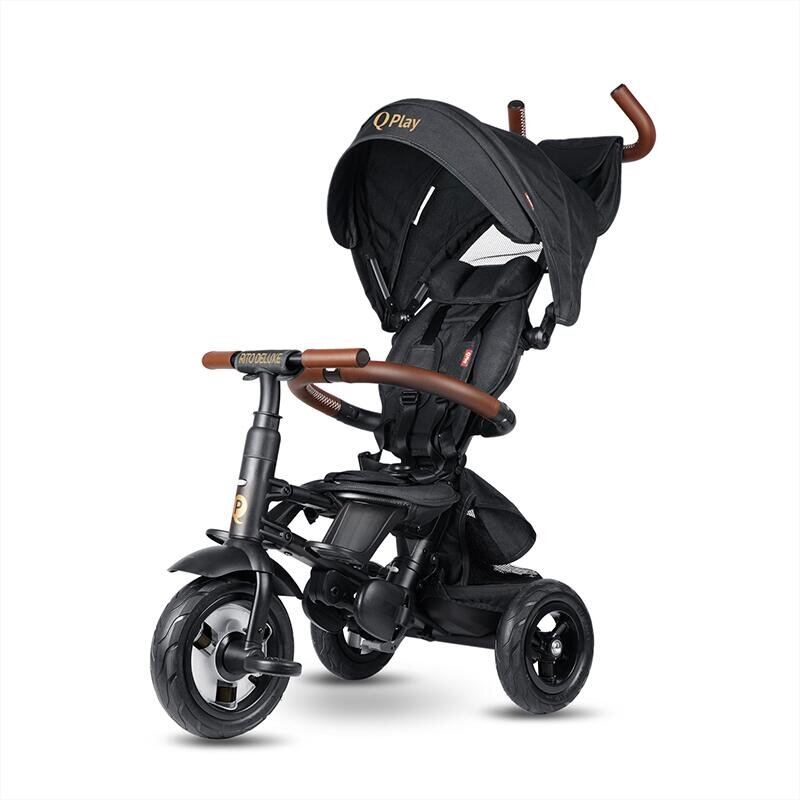 QPlay Tricicleta pentru copii Rito Deluxe negru pliabila cu scaun inalt matlasat ajustabil in 2 pozitii maner cu control al directiei frana dubla copertina XXL detalii de piele ecologica