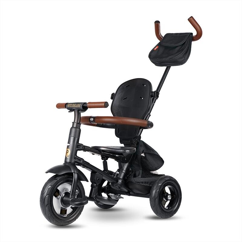 QPlay Tricicleta pentru copii Rito Deluxe negru pliabila cu scaun inalt matlasat ajustabil in 2 pozitii maner cu control al directiei frana dubla copertina XXL detalii de piele ecologica