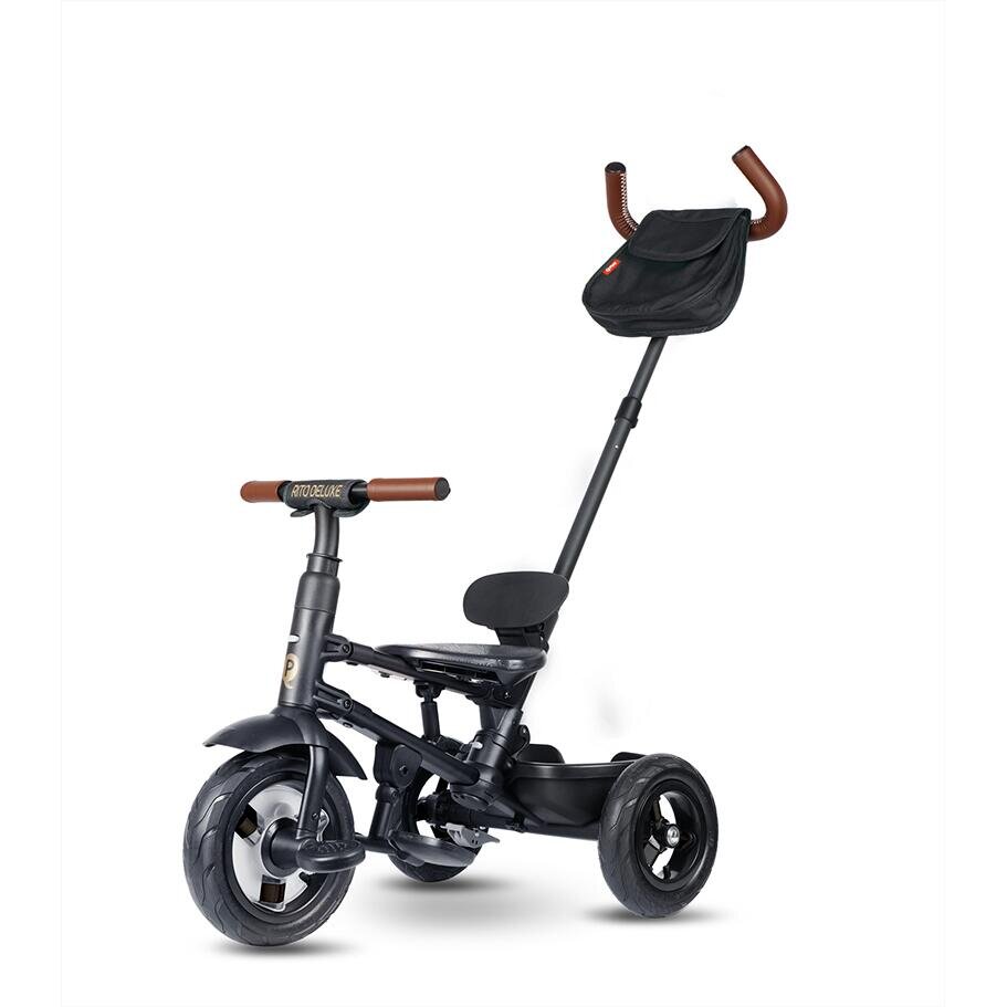 QPlay Tricicleta pentru copii Rito Deluxe negru pliabila cu scaun inalt matlasat ajustabil in 2 pozitii maner cu control al directiei frana dubla copertina XXL detalii de piele ecologica