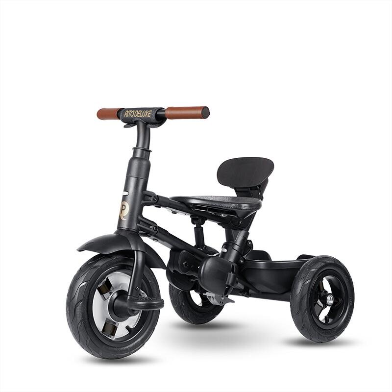 QPlay Tricicleta pentru copii Rito Deluxe negru pliabila cu scaun inalt matlasat ajustabil in 2 pozitii maner cu control al directiei frana dubla copertina XXL detalii de piele ecologica
