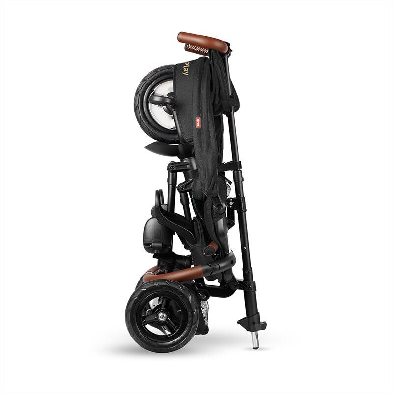 QPlay Tricicleta pentru copii Rito Deluxe negru pliabila cu scaun inalt matlasat ajustabil in 2 pozitii maner cu control al directiei frana dubla copertina XXL detalii de piele ecologica