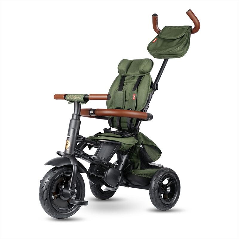 QPlay Tricicleta pentru copii Rito Deluxe verde-maslina pliabila cu scaun inalt matlasat ajustabil in 2 pozitii maner cu control al directiei frana dubla copertina XXL detalii de piele ecologica