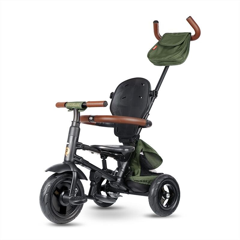 QPlay Tricicleta pentru copii Rito Deluxe verde-maslina pliabila cu scaun inalt matlasat ajustabil in 2 pozitii maner cu control al directiei frana dubla copertina XXL detalii de piele ecologica