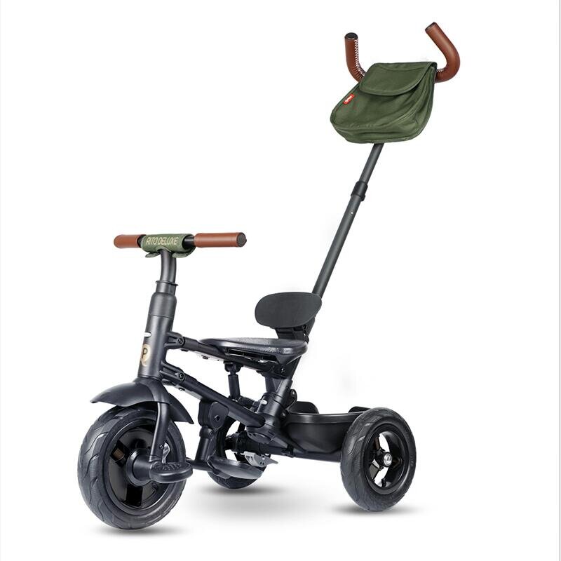 QPlay Tricicleta pentru copii Rito Deluxe verde-maslina pliabila cu scaun inalt matlasat ajustabil in 2 pozitii maner cu control al directiei frana dubla copertina XXL detalii de piele ecologica