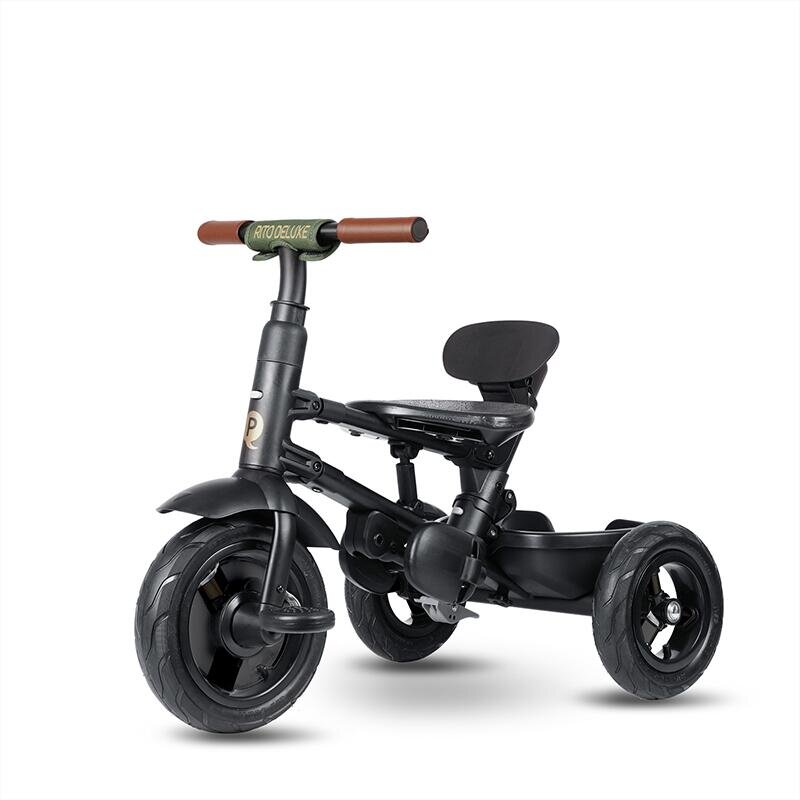 QPlay Tricicleta pentru copii Rito Deluxe verde-maslina pliabila cu scaun inalt matlasat ajustabil in 2 pozitii maner cu control al directiei frana dubla copertina XXL detalii de piele ecologica