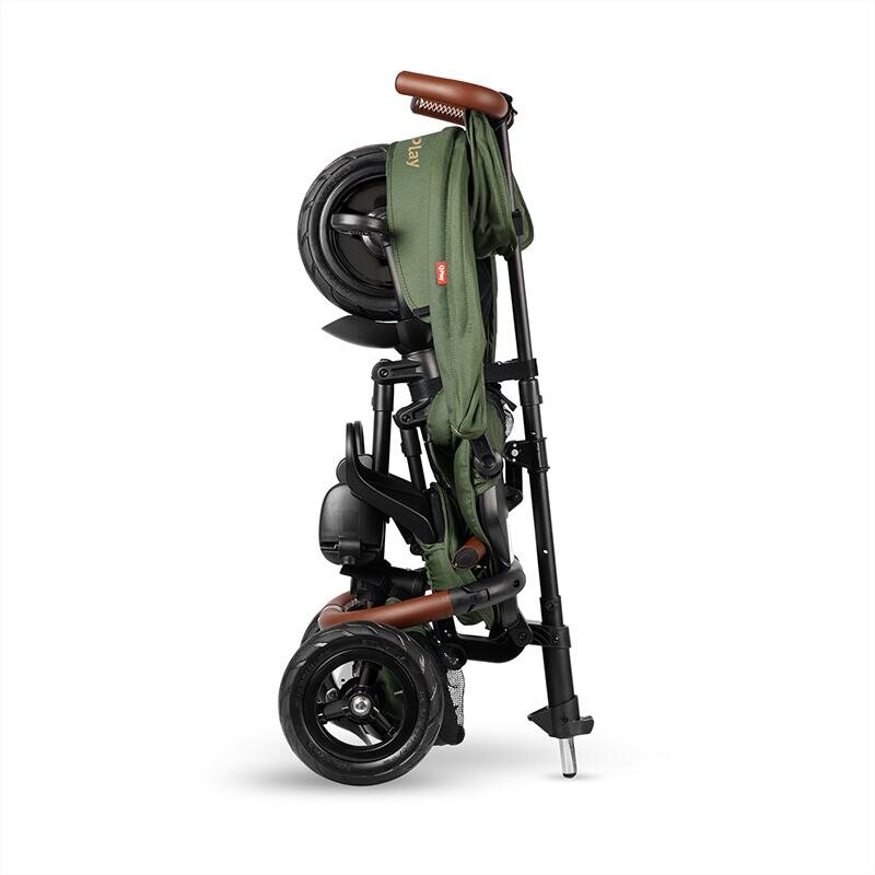 QPlay Tricicleta pentru copii Rito Deluxe verde-maslina pliabila cu scaun inalt matlasat ajustabil in 2 pozitii maner cu control al directiei frana dubla copertina XXL detalii de piele ecologica