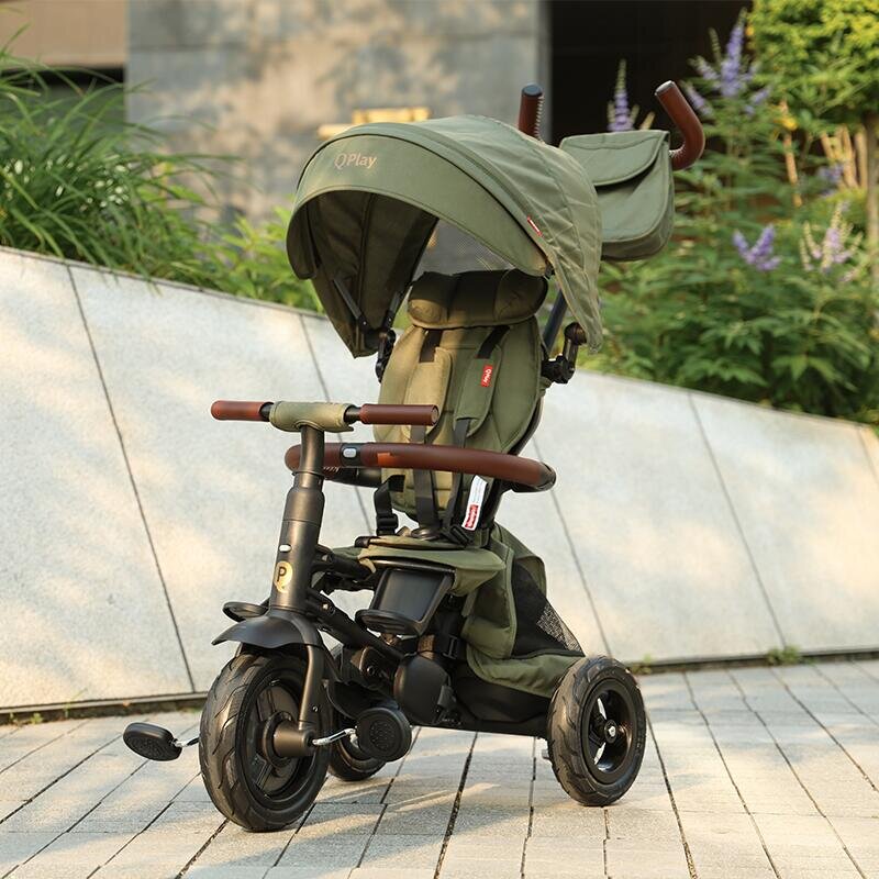 QPlay Tricicleta pentru copii Rito Deluxe verde-maslina pliabila cu scaun inalt matlasat ajustabil in 2 pozitii maner cu control al directiei frana dubla copertina XXL detalii de piele ecologica