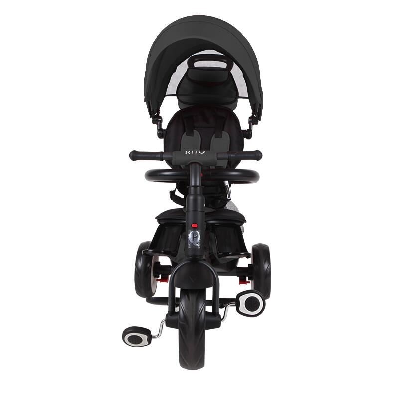QPlay Tricicleta pentru copii Rito+ Negru pliabila cu spatar reglabil cu pozitie de somn 2 tipuri de suporti pentru picioarecopertina cu protectie UV si roti din cauciuc Eva