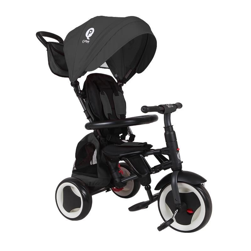 QPlay Tricicleta pentru copii Rito+ Negru pliabila cu spatar reglabil cu pozitie de somn 2 tipuri de suporti pentru picioarecopertina cu protectie UV si roti din cauciuc Eva