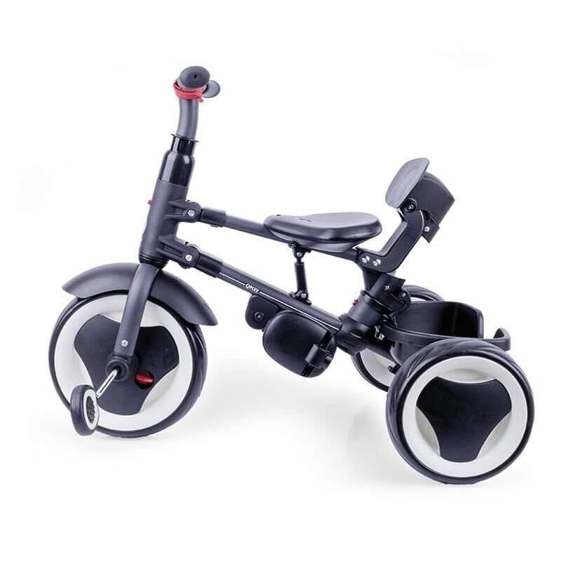 QPlay Tricicleta pentru copii Rito+ Negru pliabila cu spatar reglabil cu pozitie de somn 2 tipuri de suporti pentru picioarecopertina cu protectie UV si roti din cauciuc Eva