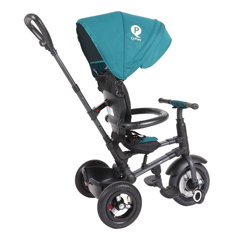 QPlay Tricicleta pentru copii Rito Rubber Albastru Deschis cu roti din cauciuc pliabila maner telescopic sistem roata libera si greutate maxim suportata 25 kg