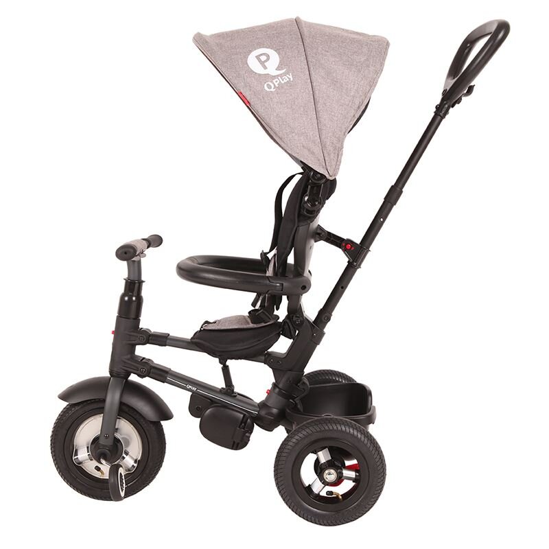 QPlay Tricicleta pentru copii Rito Rubber Gri cu roti din cauciuc pliabila maner telescopic sistem roata libera si greutate maxim suportata 25 kg