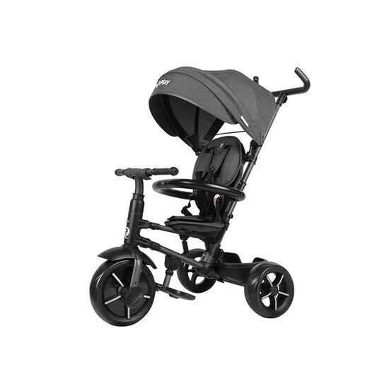 QPlay Tricicleta pentru copii Rito Star Negru pliabila cu maner cu control al directiei spatar matlasat ajustabil in 2 pozitii de la 10 luni roti din spuma Eva frana dubla si copertina XXL cu protectie UV50