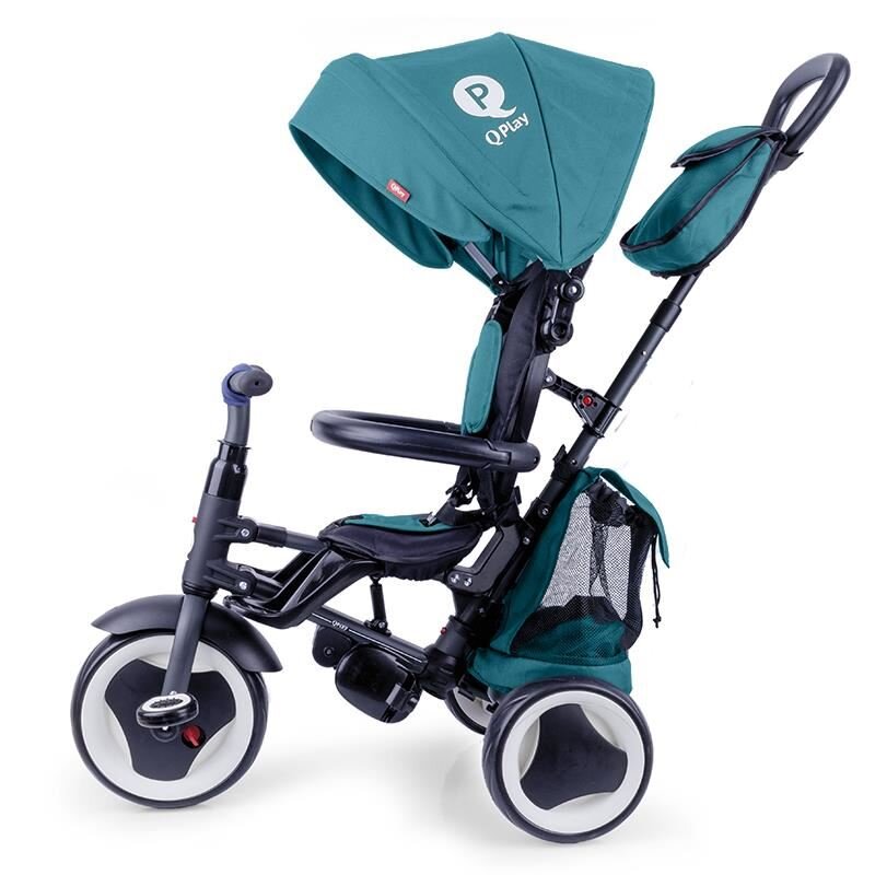 QPlay Tricicleta pentru copii Rito+ Turcoaz pliabila pentru copii cu spatar reglabil cu pozitie de somn 2 tipuri de suporti pentru picioarecopertina cu protectie UV si roti din cauciuc Eva