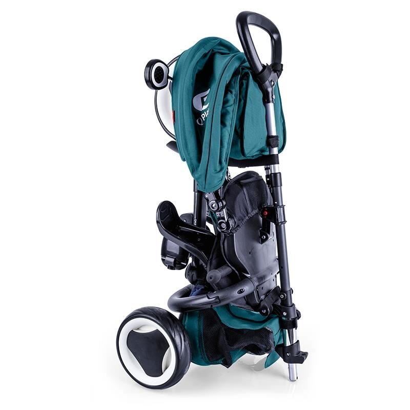 QPlay Tricicleta pentru copii Rito+ Turcoaz pliabila pentru copii cu spatar reglabil cu pozitie de somn 2 tipuri de suporti pentru picioarecopertina cu protectie UV si roti din cauciuc Eva
