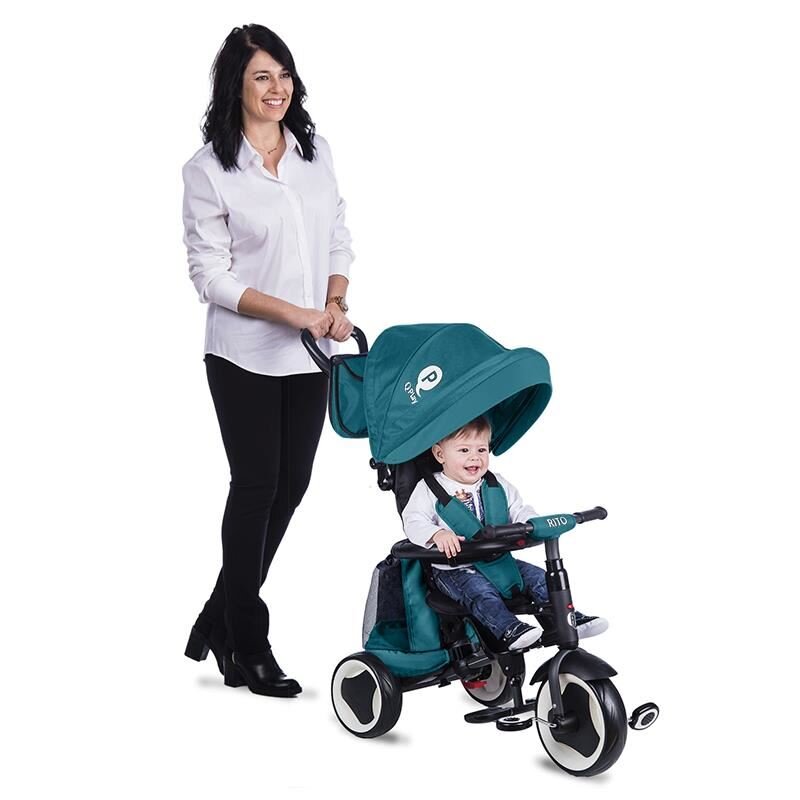 QPlay Tricicleta pentru copii Rito+ Turcoaz pliabila pentru copii cu spatar reglabil cu pozitie de somn 2 tipuri de suporti pentru picioarecopertina cu protectie UV si roti din cauciuc Eva