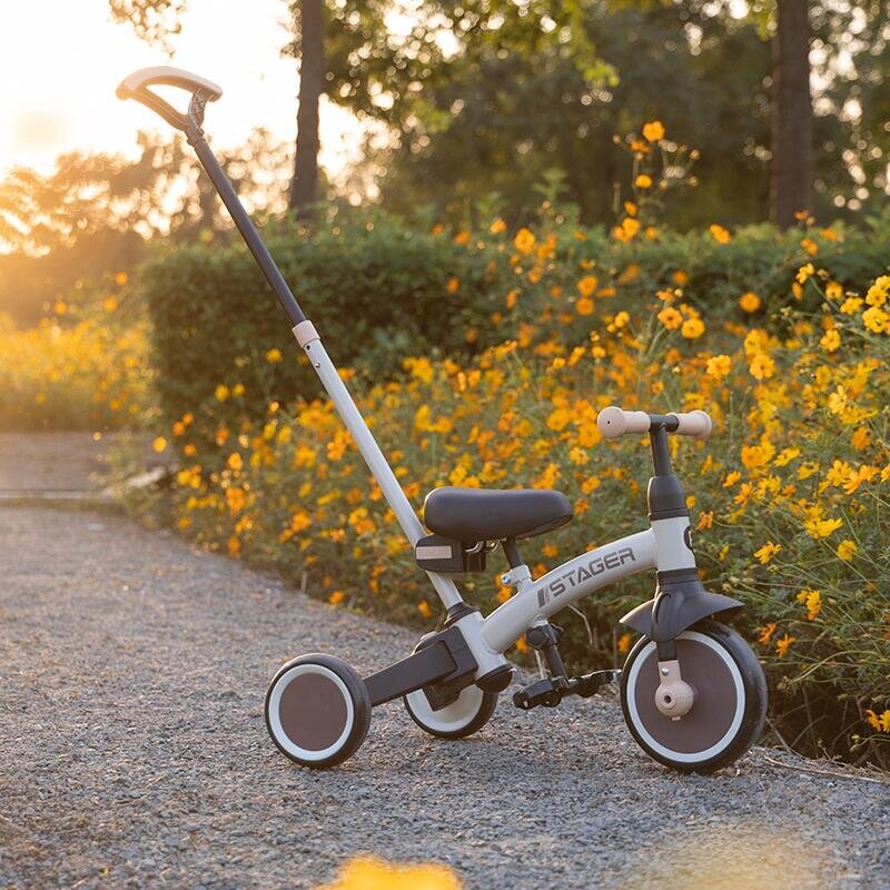 QPlay Tricicleta pentru copii Stager Maro evolutiva pliabila scaun reglabil roti Eva suport pentru picioare maner parental reglabil