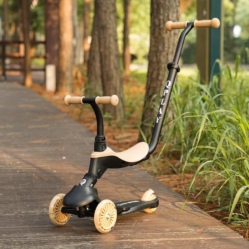 QPlay Trotineta pentru copii Sema EVO Bej 6 in 1 multifunctionala cu scaunel maner telescopic parental inaltime ajustabila cadru din aluminiu greutate admisa 50 kg