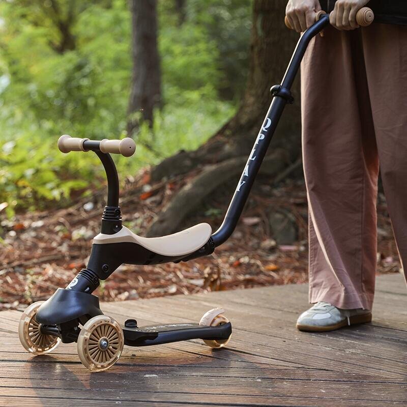 QPlay Trotineta pentru copii Sema EVO Bej 6 in 1 multifunctionala cu scaunel maner telescopic parental inaltime ajustabila cadru din aluminiu greutate admisa 50 kg