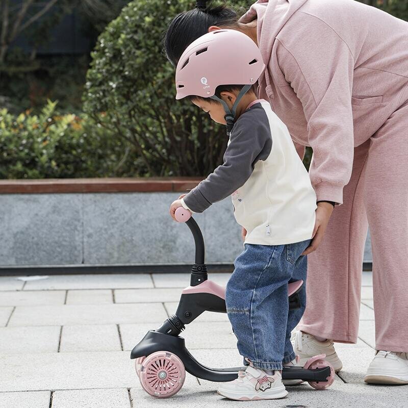 QPlay Trotineta pentru copii Sema EVO Roz 6 in 1 multifunctionala cu scaunel maner telescopic parental inaltime ajustabila cadru din aluminiu greutate admisa 50 kg