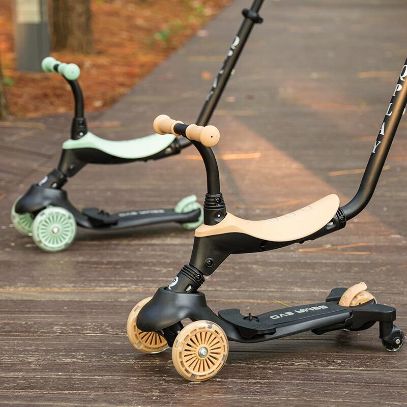 QPlay Trotineta pentru copii Sema EVO Verde 6 in 1 multifunctionala cu scaunel maner telescopic parental inaltime ajustabila cadru din aluminiu greutate admisa 50 kg