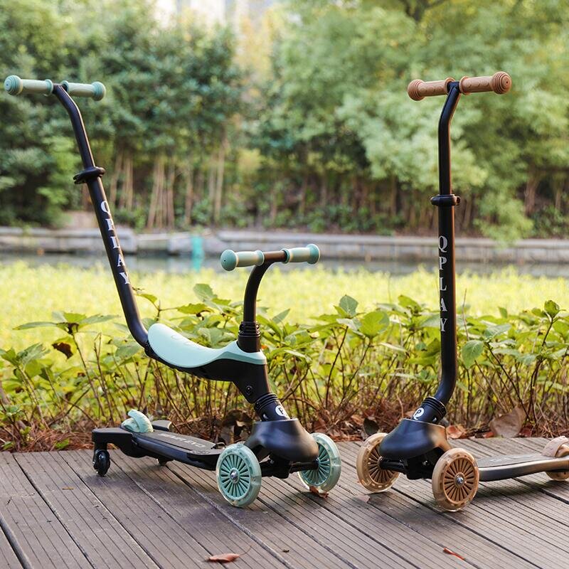 QPlay Trotineta pentru copii Sema EVO Verde 6 in 1 multifunctionala cu scaunel maner telescopic parental inaltime ajustabila cadru din aluminiu greutate admisa 50 kg