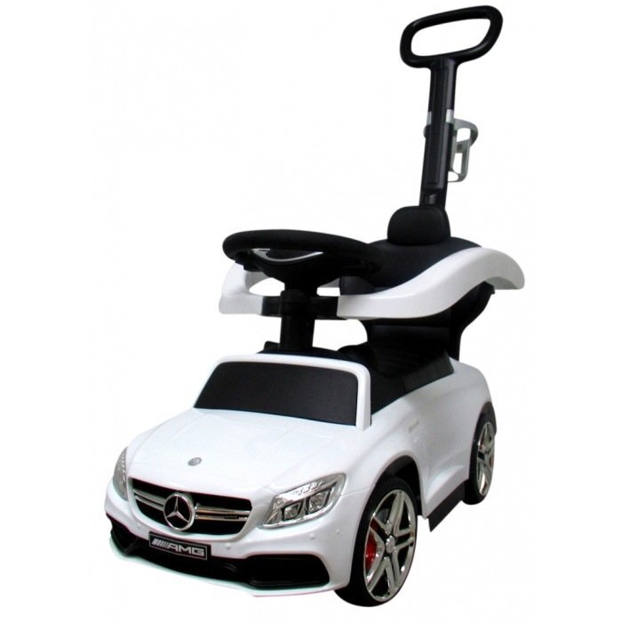 R-Sport Masinuta copii de impins Mercedes C63 amg alb cu maner pentru controlul parental suport pentru picioare protectie impotriva rasturnarii volan cu melodii si claxon
