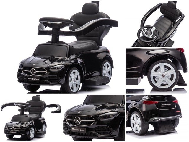 R-Sport Masinuta copii de impins Mercedes C63 amg negru cu maner pentru controlul parental suport pentru picioare protectie impotriva rasturnarii volan cu melodii si claxon