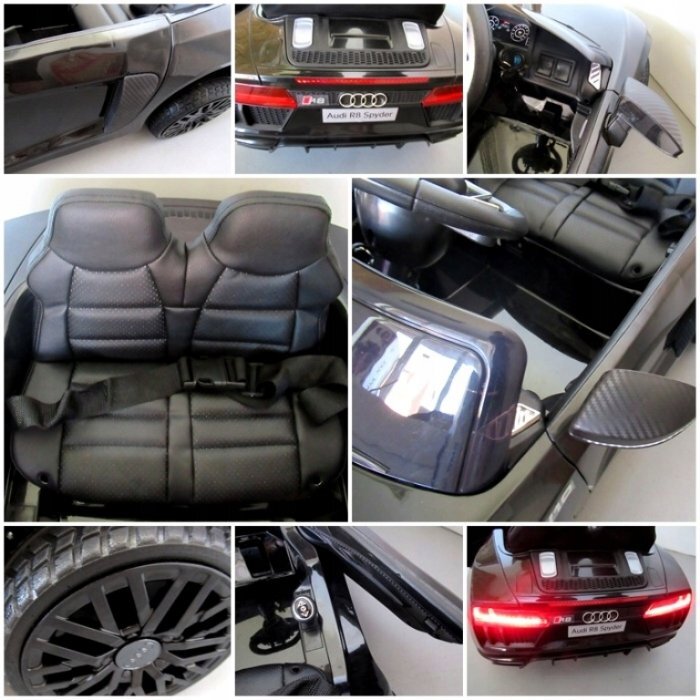 R-Sport Masinuta electrica pentru copii Audi R8 Negru 70W cu telecomanda si roti Eva cu suspensii slow start faruri si lumini Led unitate audio cu display si Mp3