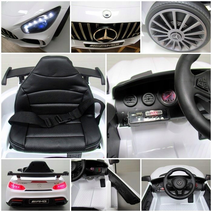 R-Sport Masinuta electrica pentru copii cu telecomanda Mercedes AMG GTR-S Alb 70W scaun de piele si roti Eva unitate audio cu display si Mp3 functie slow start