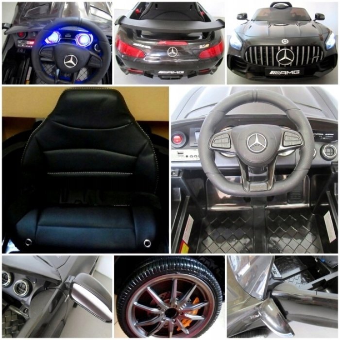 R-Sport Masinuta electrica pentru copii cu telecomanda Mercedes AMG GTR-S Negru 70W scaun de piele si roti Eva unitate audio cu display si Mp3 functie slow start