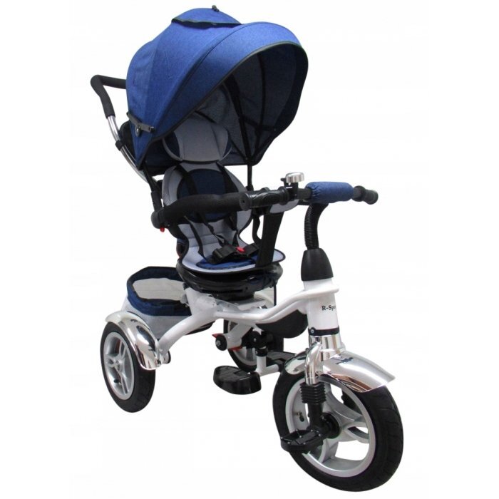 R-Sport Tricicleta pentru copii T3 Jeans 3 in 1 cu pedale roti gonflabile control al directiei scaun reversibil rotire 360 grade frana si centura de siguranta