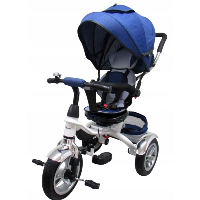 R-Sport Tricicleta pentru copii T3 Jeans 3 in 1 cu pedale roti gonflabile control al directiei scaun reversibil rotire 360 grade frana si centura de siguranta