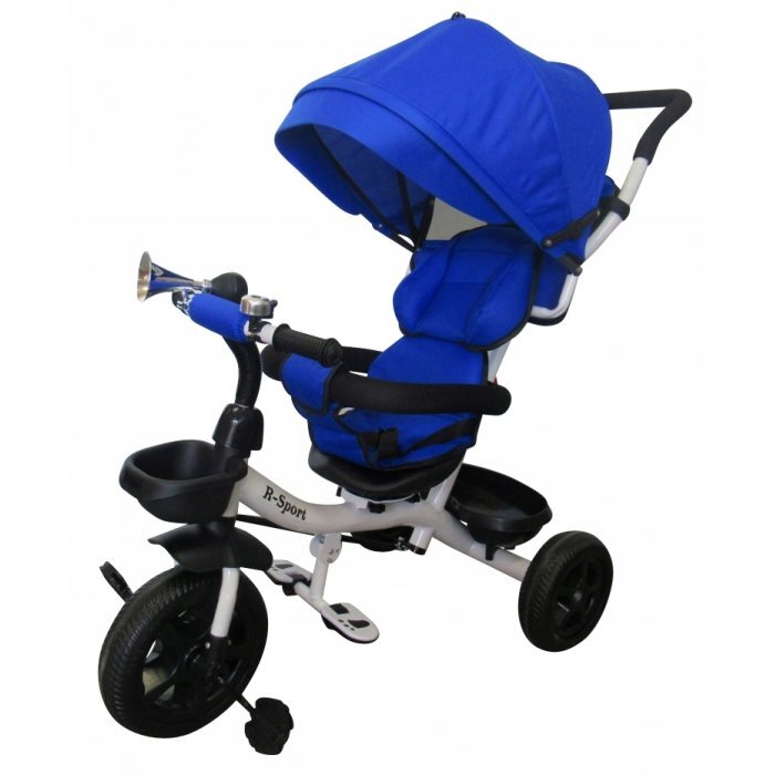 R-Sport Tricicleta pentru copii T4 Albastru 3 in 1 cu pedale control al directiei scaun reversibil suport picioare pliabil centuri de siguranta moi si roti din cauciuc Eva