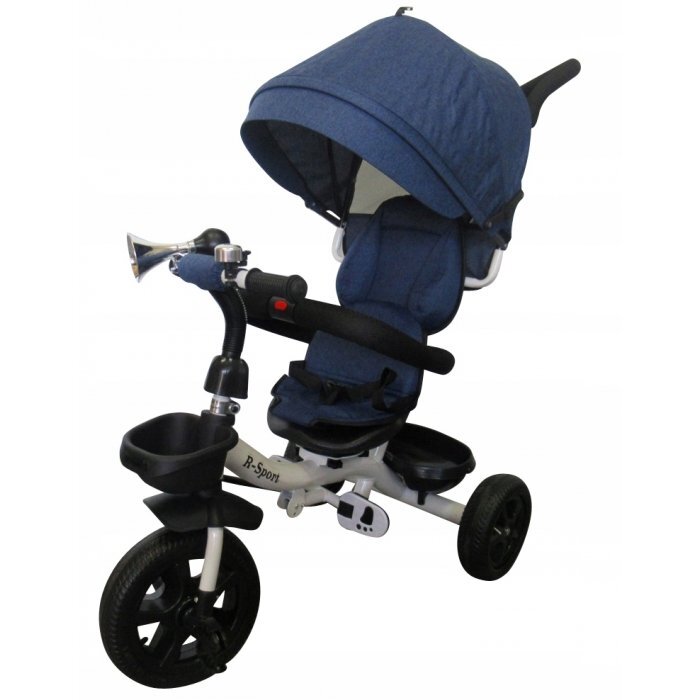 R-Sport Tricicleta pentru copii T4 Blue Jeans 3 in 1 cu pedale control al directiei scaun reversibil suport picioare pliabil centuri de siguranta moi si roti din cauciuc Eva