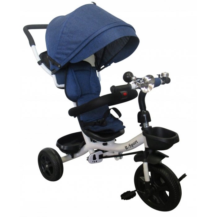 R-Sport Tricicleta pentru copii T4 Blue Jeans 3 in 1 cu pedale control al directiei scaun reversibil suport picioare pliabil centuri de siguranta moi si roti din cauciuc Eva