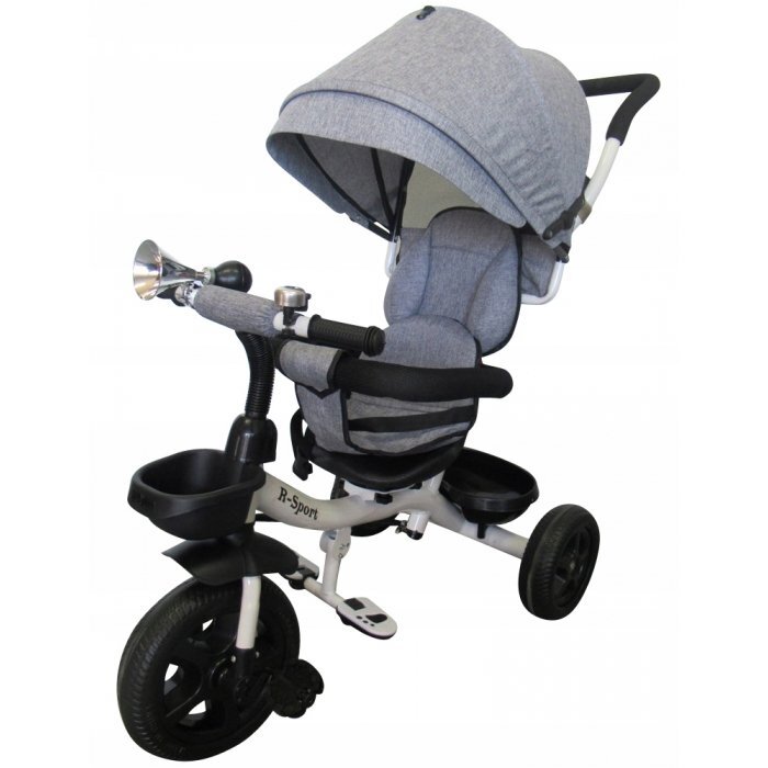 R-Sport Tricicleta pentru copii T4 Gri 3 in 1 cu pedale control al directiei scaun reversibil suport picioare pliabil centuri de siguranta moi si roti din cauciuc Eva