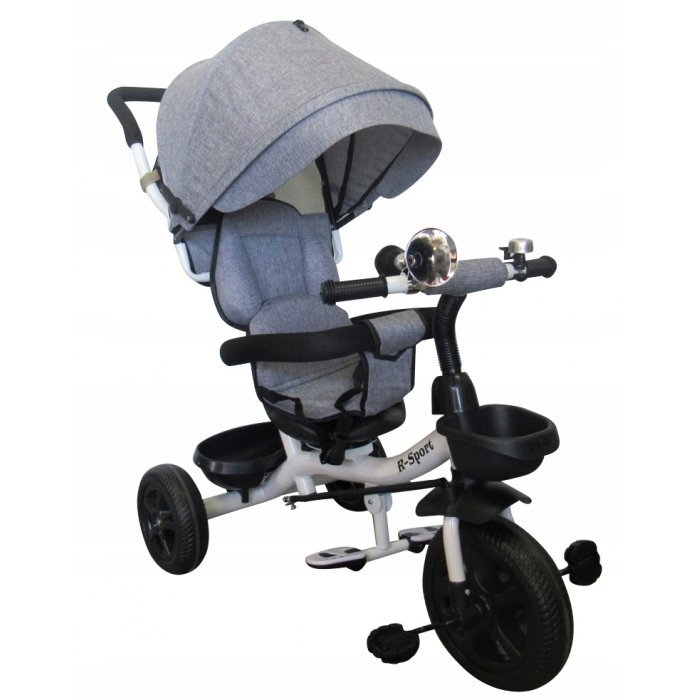 R-Sport Tricicleta pentru copii T4 Gri 3 in 1 cu pedale control al directiei scaun reversibil suport picioare pliabil centuri de siguranta moi si roti din cauciuc Eva