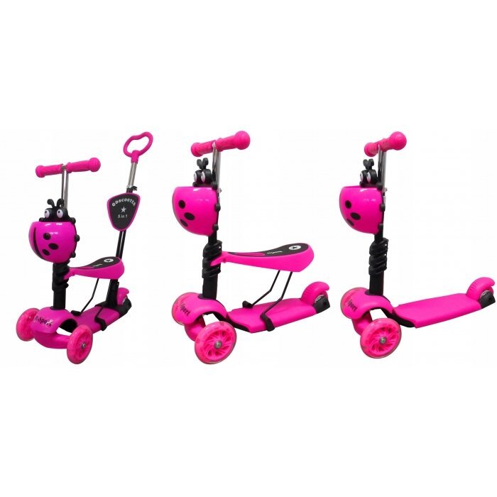 R-Sport Trotineta 5 in 1 H3 roz cu maner parental si scaun ghidon reglabil si detasabil 3 roti lumini LED greutate admisa 25 kg varsta 2-7 ani