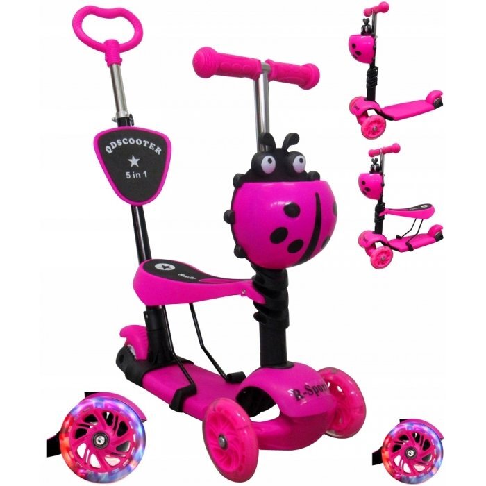 R-Sport Trotineta 5 in 1 H3 roz cu maner parental si scaun ghidon reglabil si detasabil 3 roti lumini LED greutate admisa 25 kg varsta 2-7 ani