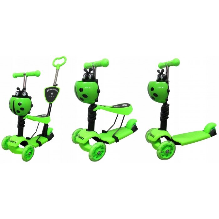 R-Sport Trotineta 5 in 1 H3 verde cu maner parental si scaun ghidon reglabil si detasabil 3 roti lumini LED greutate admisa 25 kg varsta 2-7 ani