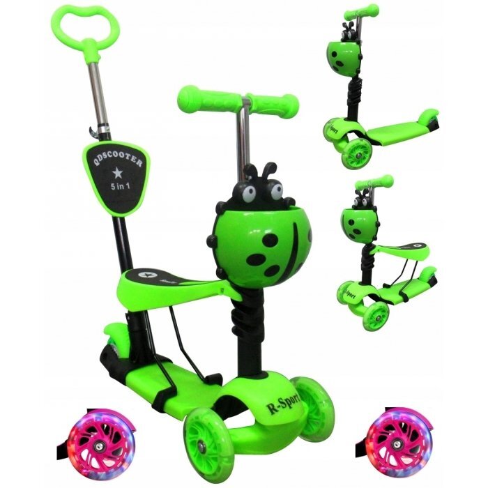 R-Sport Trotineta 5 in 1 H3 verde cu maner parental si scaun ghidon reglabil si detasabil 3 roti lumini LED greutate admisa 25 kg varsta 2-7 ani
