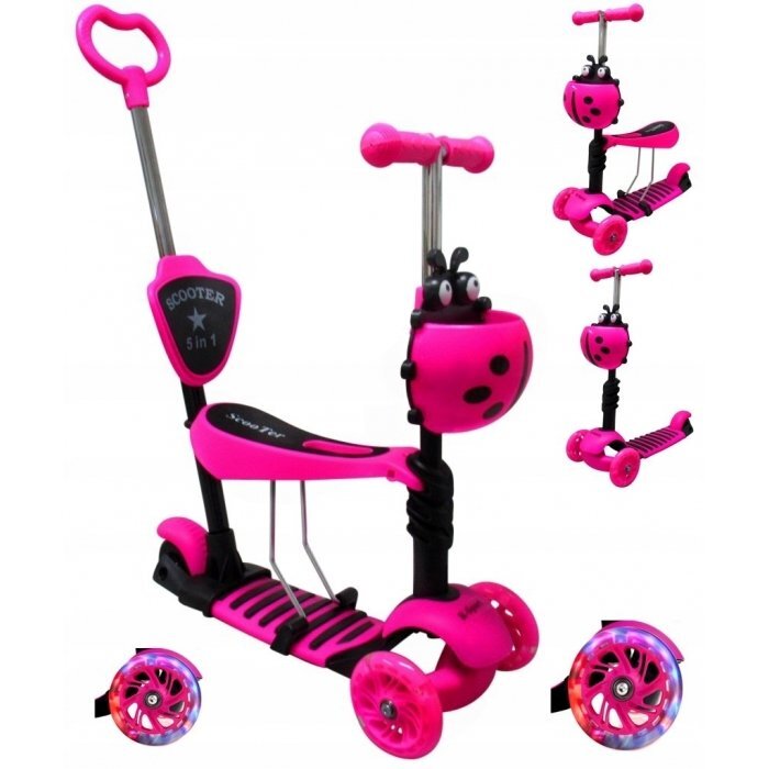 R-Sport Trotineta 5 in 1 JR roz cu maner parental scaunel reglabil ghidon reglabil roti cu LED greutate admisa 25 kg varsta 2-7 ani