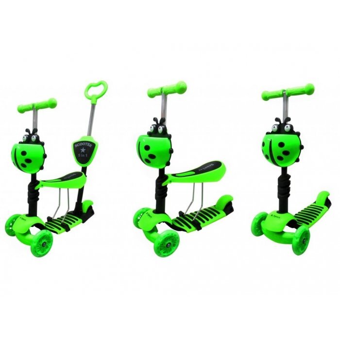 R-Sport Trotineta 5 in 1 JR verde cu maner parental scaunel reglabil ghidon reglabil roti cu LED greutate admisa 25 kg varsta 2-7 ani