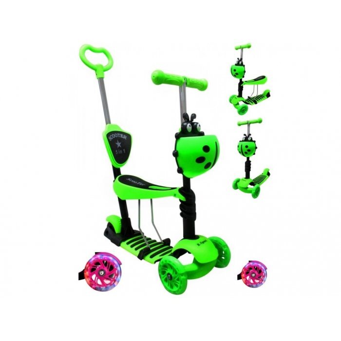 R-Sport Trotineta 5 in 1 JR verde cu maner parental scaunel reglabil ghidon reglabil roti cu LED greutate admisa 25 kg varsta 2-7 ani