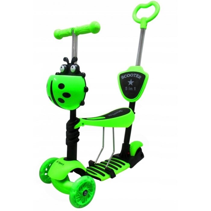 R-Sport Trotineta 5 in 1 JR verde cu maner parental scaunel reglabil ghidon reglabil roti cu LED greutate admisa 25 kg varsta 2-7 ani