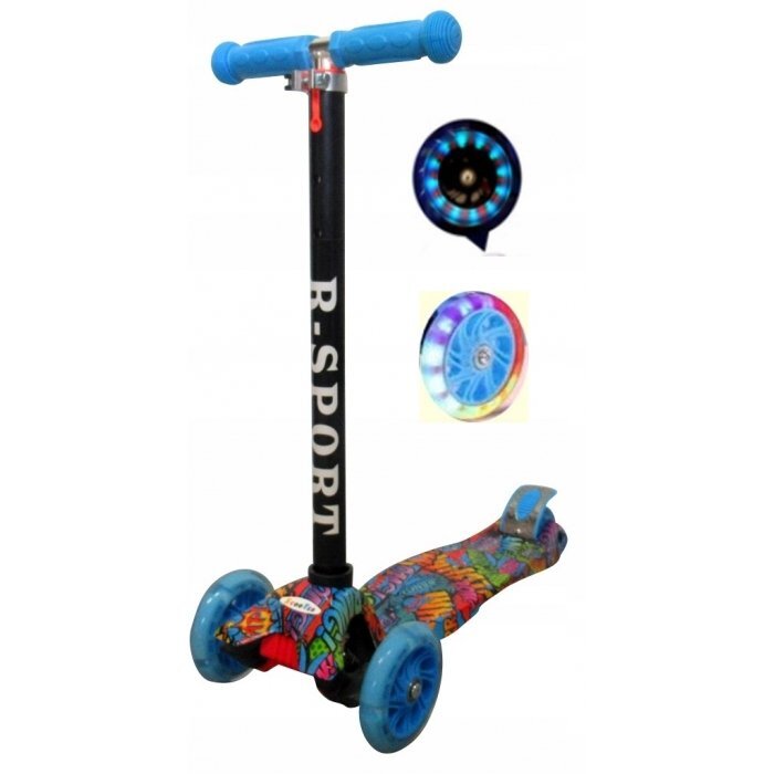 R-Sport Trotineta H2 Albastra cu ghidon reglabil 3 roti din cauciuc cu led greutate admisa 50 kg varsta 2-7 ani