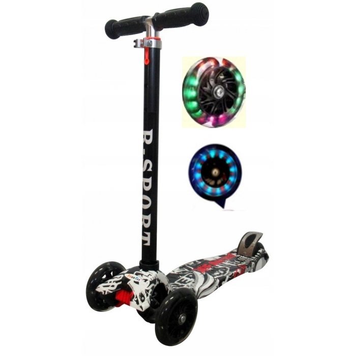 R-Sport Trotineta H2 Neagra cu ghidon reglabil 3 roti din cauciuc cu led greutate admisa 50 kg varsta 2-7 ani