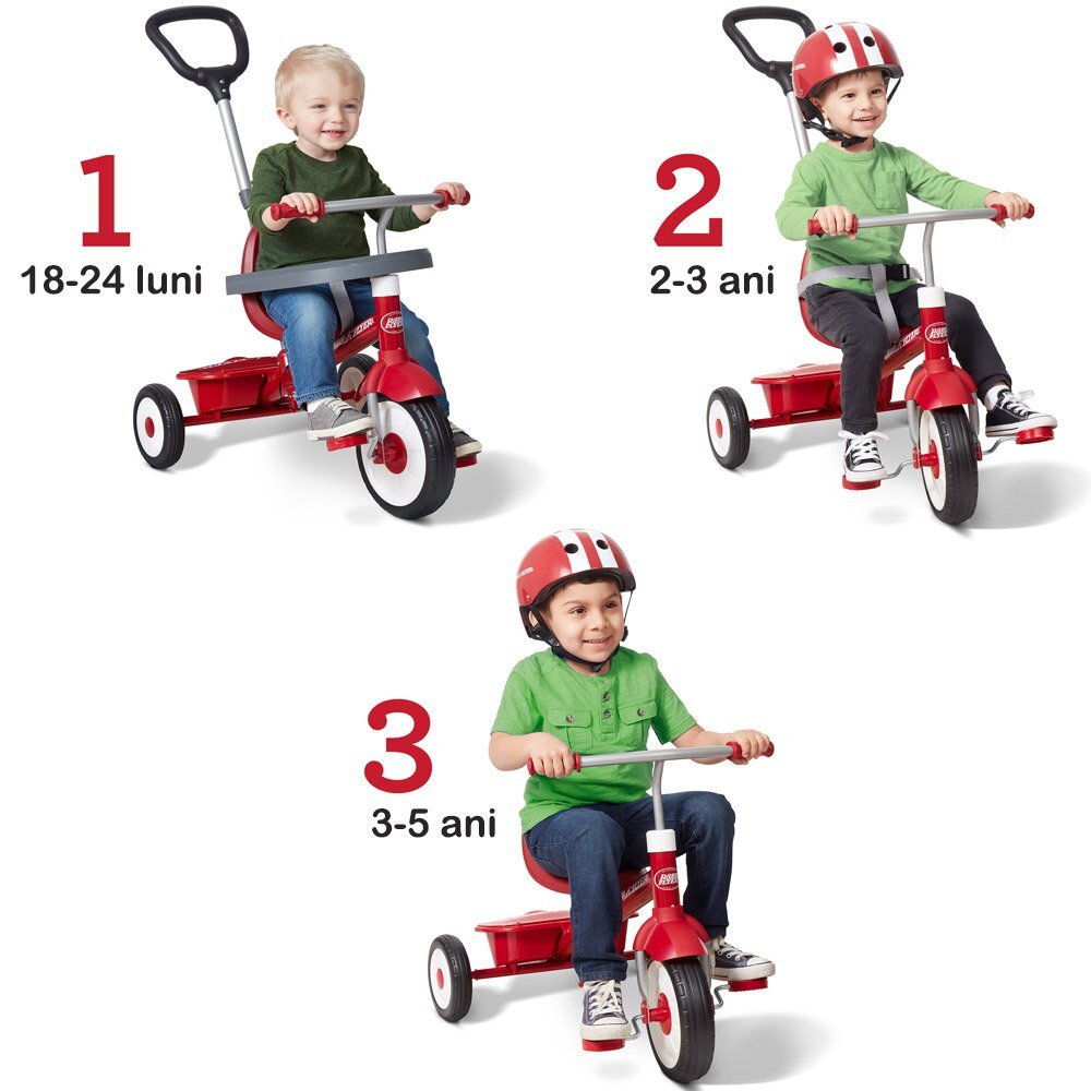 RADIO FLYER Tricicleta pentru copii 3 in 1 Stroll N Trike rosu cu scaun cu pozitie ajustabila roti silentioase maner reglabil pe inaltime si detasabil sistem roata libera pana la 25 kg