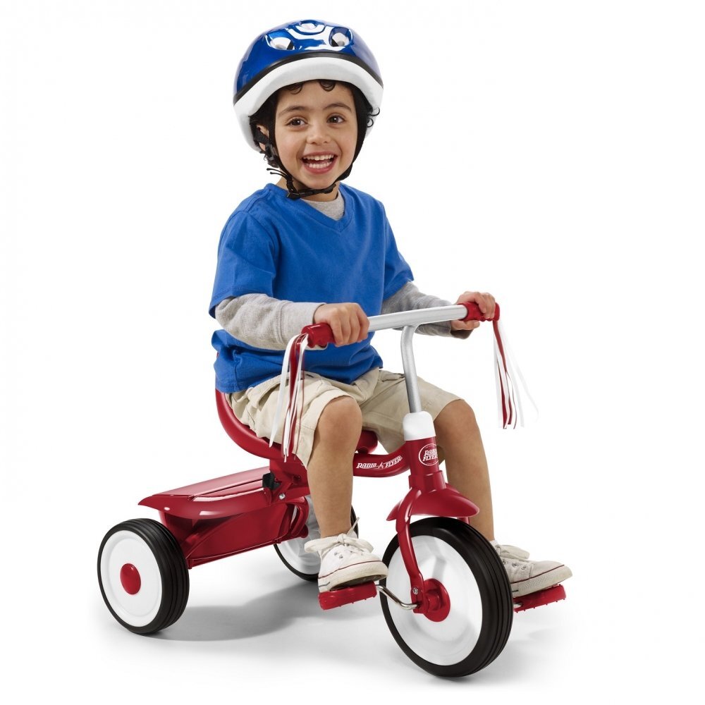RADIO FLYER Tricicleta pentru copii Fold 2 Go Red pliabila cu scaun reglabil in inaltime in functie de varsta roti silentioase panglici decorative si compartiment pentru depozitare